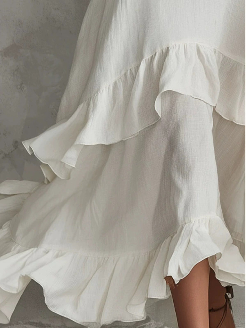 Womens Elegant Vintage White Sleeveless Ruffled Cotton Linen Midi Dress
